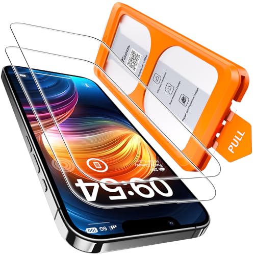 TOCOL 2 peças protetor de ecrã para iPhone 15 Pro Max, alinhamento automático para instalação rápida, sem bolhas, vidro temperado com dureza 9H e removível, HD transparente