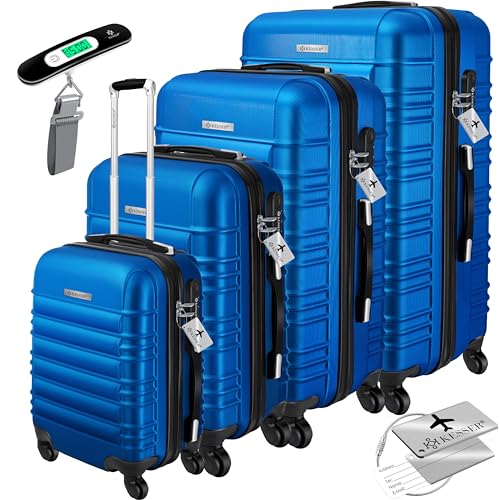 KESSER® Conjunto de 4 malas rígidas, conjunto de mala Trolley Incl. Balança de bagagem etiqueta de bagagem mala rolante fechadura 4 rodas ABS capa rígida alça telescópica S-M-L-XL, azul, 55 liters