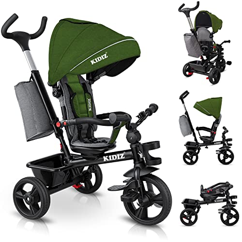 KIDIZ® Triciclo 5 em 1 para crianças com barra de pressão sistema de direção, barra para crianças de 1 ano, funciona nos dois sentidos: frente e reverso, bolsa, cesta, suporte de bebida
