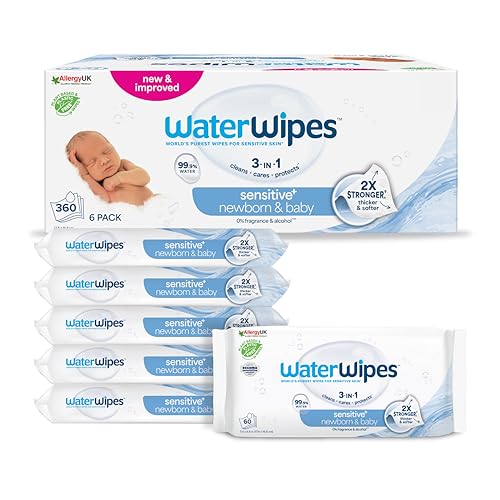 WaterWipes Sensitive Newborn & Baby Wipes, 360 unidades (pacote de 6), 3 em 1 limpa, cuidado, protege, 99,9% água, sem perfume