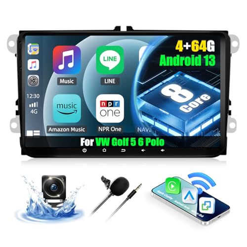 4 + 64 GB 8 Core CAMECHO Android 13 autorrádio für VW Golf 5 polo Caddy Skoda mit Navi Carplay Android Auto Wireless, Doppel DIN rádio mit 9 Zoll Bildschirm, Mirror Link RDS/FM Bluetooth 5.0 + DSP
