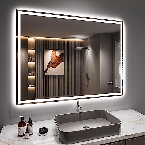 Dripex Espelho de casa de banho com luz LED 50 x 70 cm, anti-embaciamento, altifalante Bluetooth, com tomada bipolar, dímble, 3 cores de luz