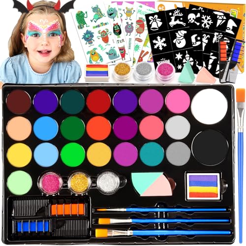 Tintas rosto para crianças, 28 cores pinturas faciais infantis com 30 tatuagens palmilhas faixa de monstro, pintura facial crianças hipoalergénica maquilhagem carnaval Halloween Páscoa presente