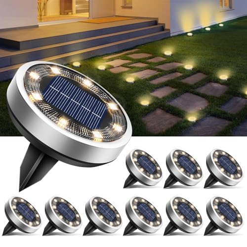 btfarm 10 Pacotes de luzes solares LED para exteriores, jardim, chão, 8 LED luz solar exterior e jardim, IP65, candeeiros solares exteriores e jardim, caminho, relva, pátio (branco quente)