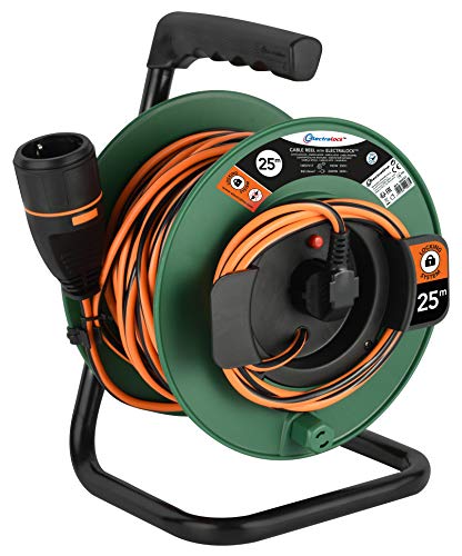 Electraline 49237 Cabo de extensão com enroladores para jardim 25 m 3G1 com tomada de corrente Electralock equipado com um mecanismo de bloqueio que evita a desconexão ocidental da tomada, verde