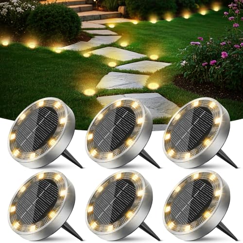 Peasur 6 Pacotes de luzes solares LED para exteriores, jardim, chão, 8 LED luz solar exterior e jardim, IP65 impermeável candeeiro solar para pátio, caminho, relva, branco quente