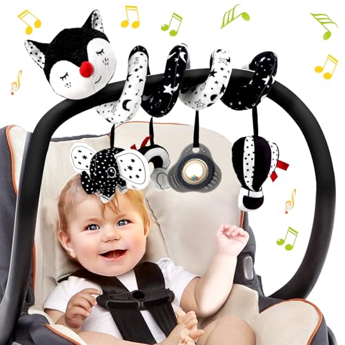 Kulveanju Espiral carro bebé brinquedos 6-12 meses, atividades carrinho de bebé brinquedos suspensos com música e chocalho, sensoriais 0-6 meses, brinquedos de assento de carro de bebé, raposa branca