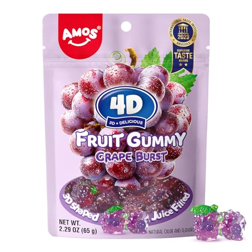 Amos 4D, Gummy Grape Burst, doces ginolas com enchimento de uva, lanches frutas com sabor natural, saco de 65 g (embalagem de 3)