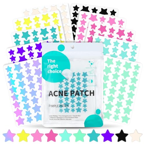 BUTBU Patches para grãos, 400 peças adesivos para acne invisíveis hidrocolóides, adesivos de grãos estrela, com óleo de chá e ácido salicílico, podem desfazer-se acne rapidamente, 10 cores