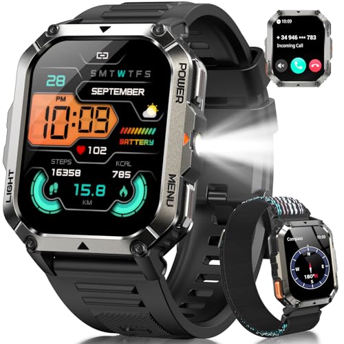 IOWODO Relógio inteligente para homem, 2,01" militar Smartwatch com chamadas Bluetooth, bateria de 20 dias, lanterna LED, bússola, 123 modos de desporto, 24 h pulso / SpO2/sonho, IP68, 2 correias (iOS