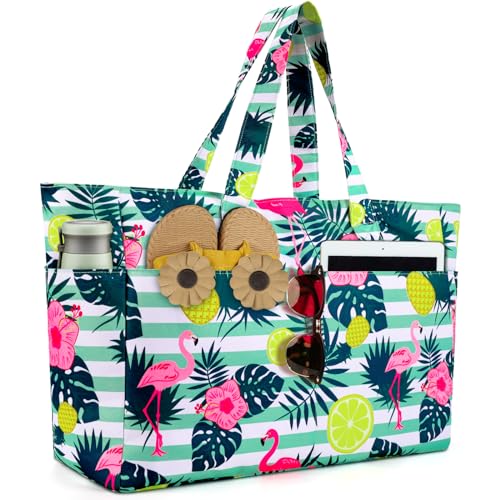 ISEYOU Bolsa Playa, Bolso Playa Mujer Impermeable Con Cremallera 45L, Bolsas Grandes XXL Familiar con 8 bolsillos Plegable Para Viajes, Picnic, Vacaciones