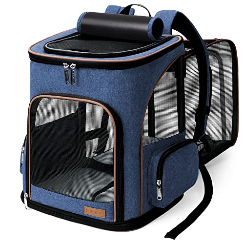 Lekesky Mochila grande para gatos e cães de até 8 - 10 kg, mochila dobrável expansível para animais de estimação com trela de segurança interior e 2 tapetes para animais de estimação, azul, XL