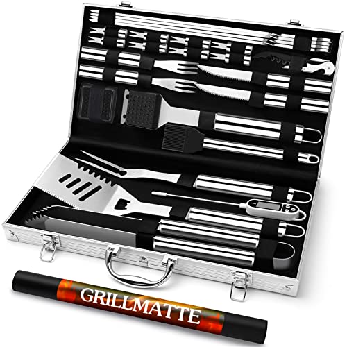 Grilliance Kit de acessórios para churrasco em aço inoxidável de 26 peças, conjunto de ferramentas para grelha resistente com estojo de alumínio, utensílios para churrasco para homens, prateado