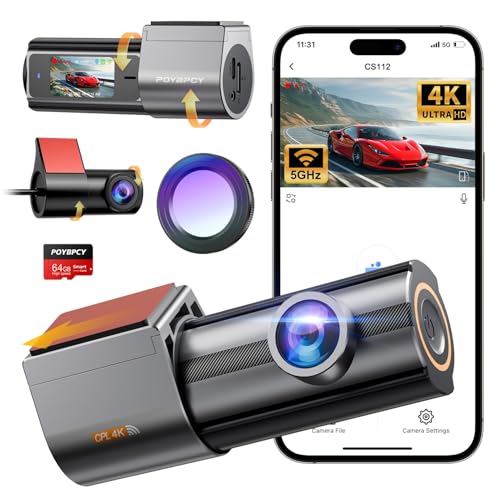 Dashcam, 4K + 1080P Dash CAM carro, WiFi câmara carro com CPL, câmara de carro gravador com cartão 64G, super visão, grande 170°, rotação 360, sensor G, monitor de estacionamento, gravação de Buuu