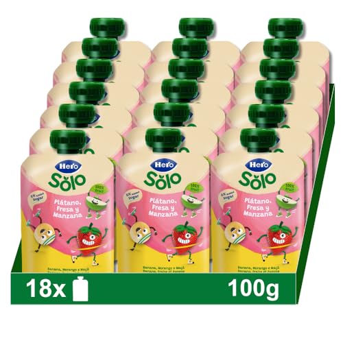 Hero - Sacos com banana, morango e maçã, para bebés a partir dos 12 meses - embalagem de 18 x 100 g, a embalagem pode variar