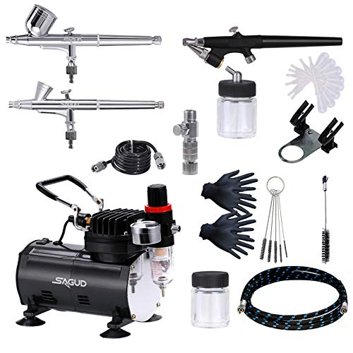 SAGUD Conjunto de aerógrafo com compressor, pistola aerógrafo de ação dupla com 3 aerógrafos de 0,2 mm, 0,3 mm, 0,8 mm e agulha para passatempo
