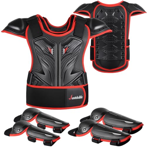 Motos roupa protetora para crianças, JUSTDOLIFE 5 peças casaco protetor de mota para crianças de peito com cotoveleiras e joelheiras para ciclismo Skateboarding Go-Karting
