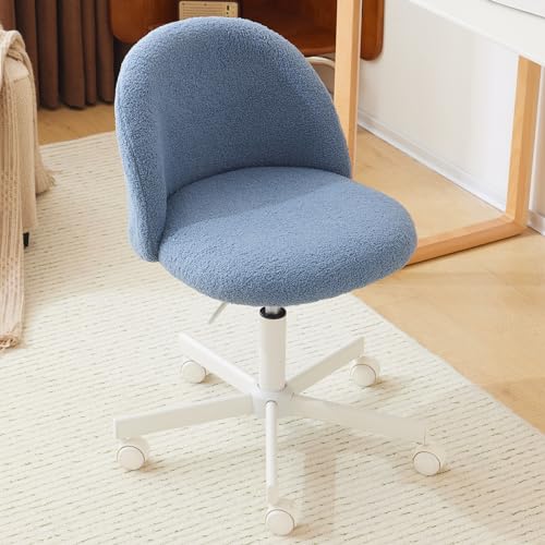 Bonnlo Cadeira de secretária, cadeira de toucador, escritório e toucador, com rodas, altura regulável, cadeira compacta para estúdio, quarto, escritório em casa, tecido Teddy (azul)