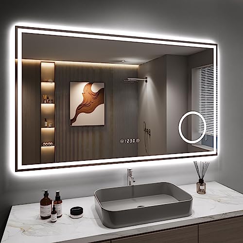 Dripex Espelho de casa de banho com luz LED 100 x 60 cm, anti-embaciamento separado, dimmável, 3 cores de luz, interruptor de toque, com relógio, 3 x aumento área e tomada bipolar