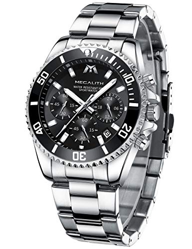 MEGALITH Relógios homem aço inoxidável relógios grande de pulseira cronógrafo impermeável elegante relógio analógico homem designer luminoso data, presentes para homens