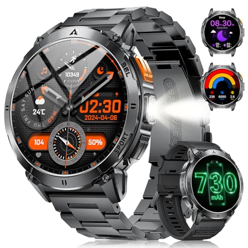 1,62" AMOLED relógio inteligente homem, 3ATM impermeável Smartwatch com LED lanterna para Android/iOS, 110 desportos Smart Watch, 24/7 frequência cardíaca / monitorização do sono, preto grafite