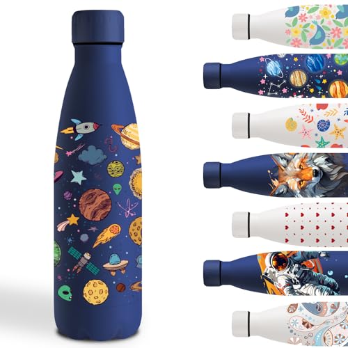 Garrafa de água de aço inoxidável 500 ml, cantil de aço inoxidável, fácil de transportar, garrafa de água personalizada com foguete, cantil infantil para a escola, cafetaria, escritório, azul escuro