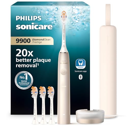 Philips Sonicare DiamondClean 9900 Prestige escova de dentes elétrica, com tecnologia SenseIQ e aplicação, 5 modos de escovagem, estojo de viagem com carga, cor champanhe, modelo HX9992/44