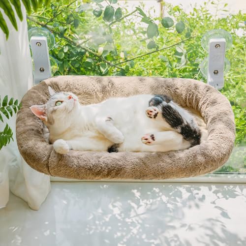 MEWOOFUN Rede grande para gatos com capa grossa removível, rede dobrável para gatos, janela estável para gatos, rede com 4 ventosas fortes, suporta 18 kg (camelo, M)