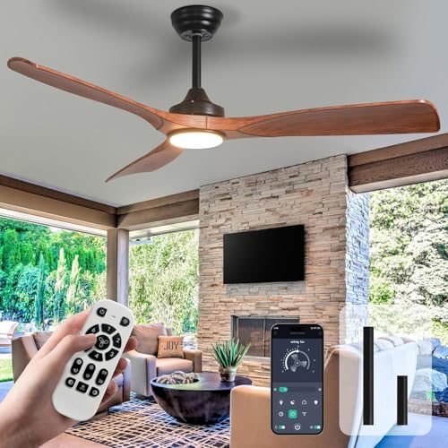 Depuley Ventoinha de teto com luz moderna, 132 cm, exterior com controlo remoto, APP para pátio, alpendre, ventilador preto interior, 3 pás reversível, temporizador silencioso