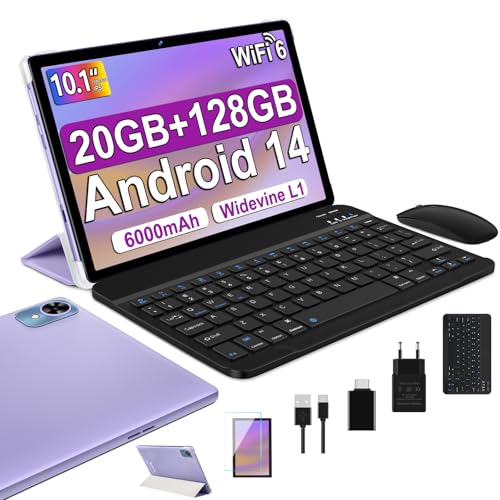 fezawio Tablet de 10 polegadas Android 14 Tablet, 20 GB RAM + 128 GB ROM (TF 1TB), Octa-Core, tablet com teclado e rato seguro, quebra de ecrã de um ano - (roxo)