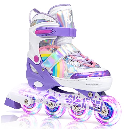 SULIFEEL Rainbow Unicorn Patins em linha para meninas meninos 4 tamanho ajustável rodas iluminadas patins para meninos iniciantes