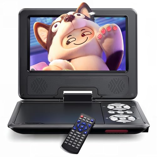WOLFANG Leitor de DVD portátil de 9,5 polegadas para crianças no carro com ecrã HD rotativo de 7,5 polegadas, altifalantes estéreo, 6 h de automonomia, suporte de sincronização