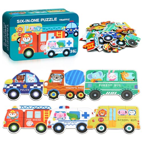 BBLIKE Puzzle de 3 anos brinquedos educativos Montessori, puzzle infantil 6 em 1 com caixa de armazenamento, presente para crianças de 1 a 5 anos conhecer animais e carros, jogos educativos
