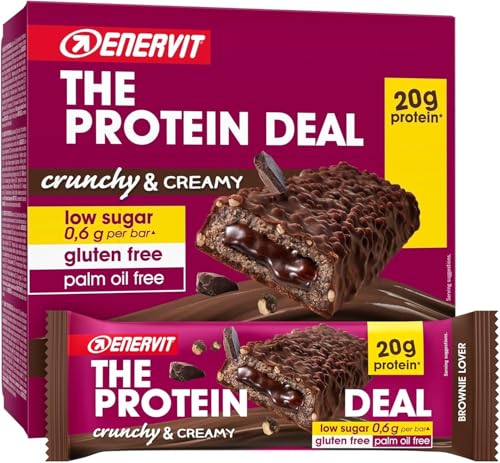 Enervit The Protein Deal Brownie Lover, barras protetoras, sabor chocolate preto, enchimento suave de Brownie, Snack delicioso, 20 g de proteínas, 0,6 g de açúcares, sem glúten, 12 barras de 55 g