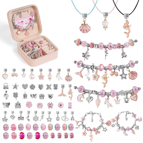 AUAUY Kit para fazer pulseiras meninas, 66 peças rosa fazer pulseiras meninas com caixa, presente menina 5 6 7 8 9 10 11 12 anos missangas para fazer pulseiras, artesanato brinquedos menina 7 8 anos