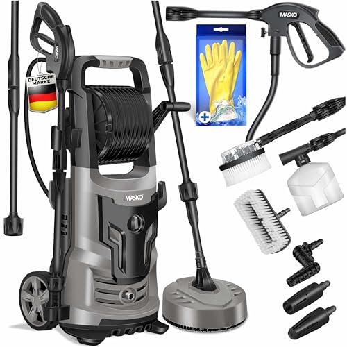 Masko® Limpador de alta pressão 2200 W 165 bar 450 l/h, com bobina de 10 m de mangueira 9,pcs. Conjunto de acessórios, com garrafa de sabão de espuma, pistola de alta pressão