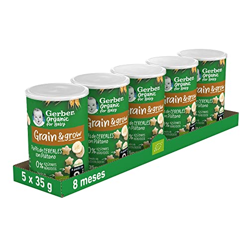 GERBER Organic Puffs banana, Snack de cereais para bebé, lata 5 x 35 g, a partir de 8 meses