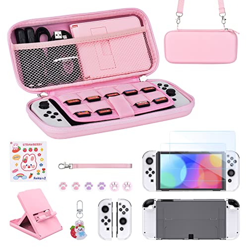 Younik Pacote de acessórios para Switch OLED, conjunto de acessórios de cor rosa 17 em 1 inclui capa de transporte para Switch OLED, suporte ajustável, capa protetora para Switch e J-con