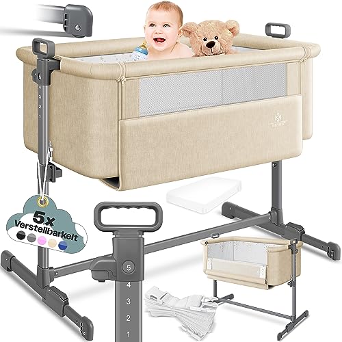 KESSER® Cama extra Hubi 3 em 1, colecho para bebé com colchão branco, berço - com rodas, ajuste de altura em 5 posições, painel lateral dobrável, para casa e de viagem, bege