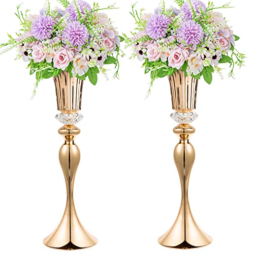 Conjunto de 2 vasos de trompete dourados com contas de vidro para centros de mesa de casamento, festa de aniversário, eventos, decoração de casa