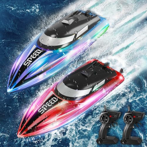 YOOHBERRYS Barco remoto de 2 peças, 2,4 GHz barcos removidos com luzes LED e alarme de bateria baixa, barcos RC presente para crianças e adultos (azul vermelho)