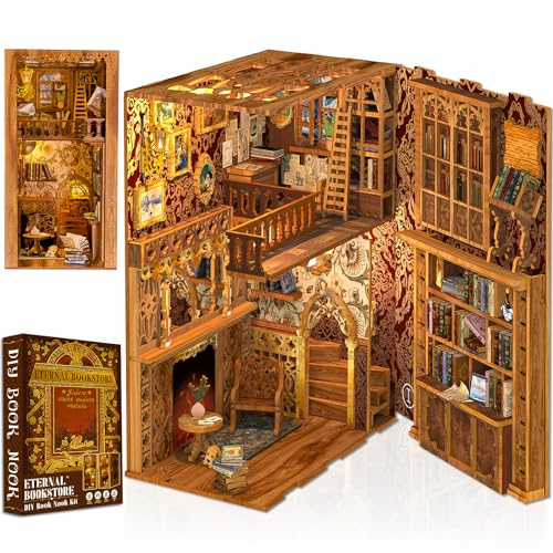 Cutefun Kit de livro Nook com placa protetora contra poeira, miniatura de casas de bonecas, decoração de livros, canto, casas de Booknook, maquetes com luzes LED (A-Eternal Bookstore)