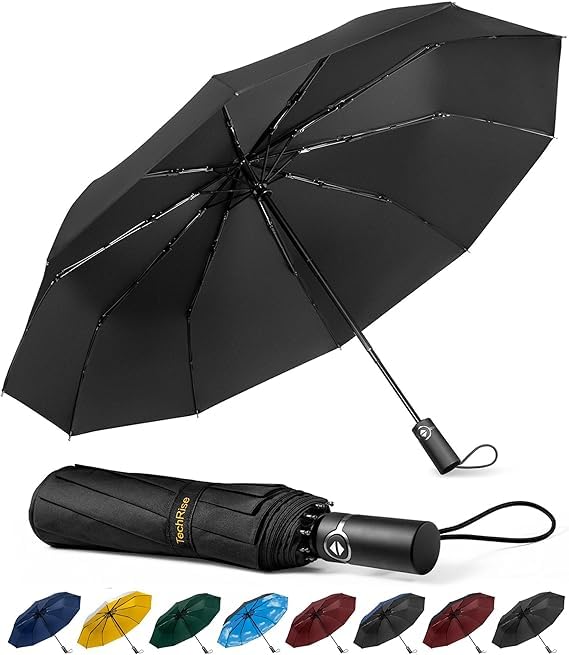 TechRise Guarda-chuva dobrável, guarda-chuva automático resistente ao vento e compacto com 10 hastes, abertura e fecho automáticos com um botão, guarda-chuva de viagem portátil para homens e mulheres