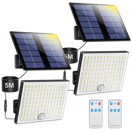 Luz solar exterior com sensor de movimento, holofote solar exterior com controlo remoto, 2000 mAh 3 modos IP65, impermeável luzes solares LED exterior e jardim, candeeiro solar exterior com cabo de 5