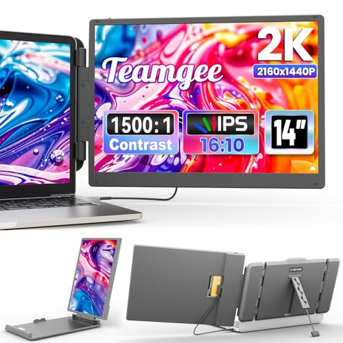 Teamgee 2K Monitor portátil, 14" 2160 x 1440P, QHD IPS, extensão de ecrã para portátil, monitor duplo para 13. "-17" Computador portátil spara Mac, Wins, Android, Dex, HDMI/USB-A/Type-C Plug and Play
