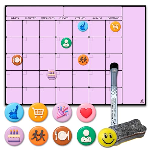 toots - Calendário magnético para frigorífico A3 (42 x 30), planeador semanal ou mensal com 4 marcadores, 8 ímãs temáticos, emoji e apagador, quadro organizador para cozinha, menu, compras e família.