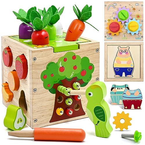 AiTuiTui 5 em 1 cubo de atividades Montessori para crianças dos 1 aos 4 anos, 49 peças jogos educativos classificador de formas de madeira para bebés de 12 a 18 meses