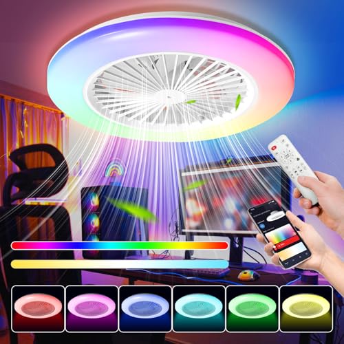 Fiqops - Conjunto de 2 ventiladores de teto com iluminação e controlo remoto, diâmetro de 49 cm, luz LED RGB inteligente, 3 temperaturas de cor e 6 velocidades, temporizador de verão/inverno