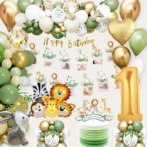 Decoração de aniversário 1 ano, balões de aniversário 1 ano, balões de animais da selva, safari para aniversários, 1 ano menino menina infantil