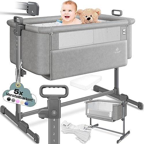 KESSER® Cama extra Hubi 3 em 1, colecho para bebé com colchão branco, berço - com rodas, ajuste de altura em 5 posições, painel lateral dobrável, para casa e de viagem, cinzento claro